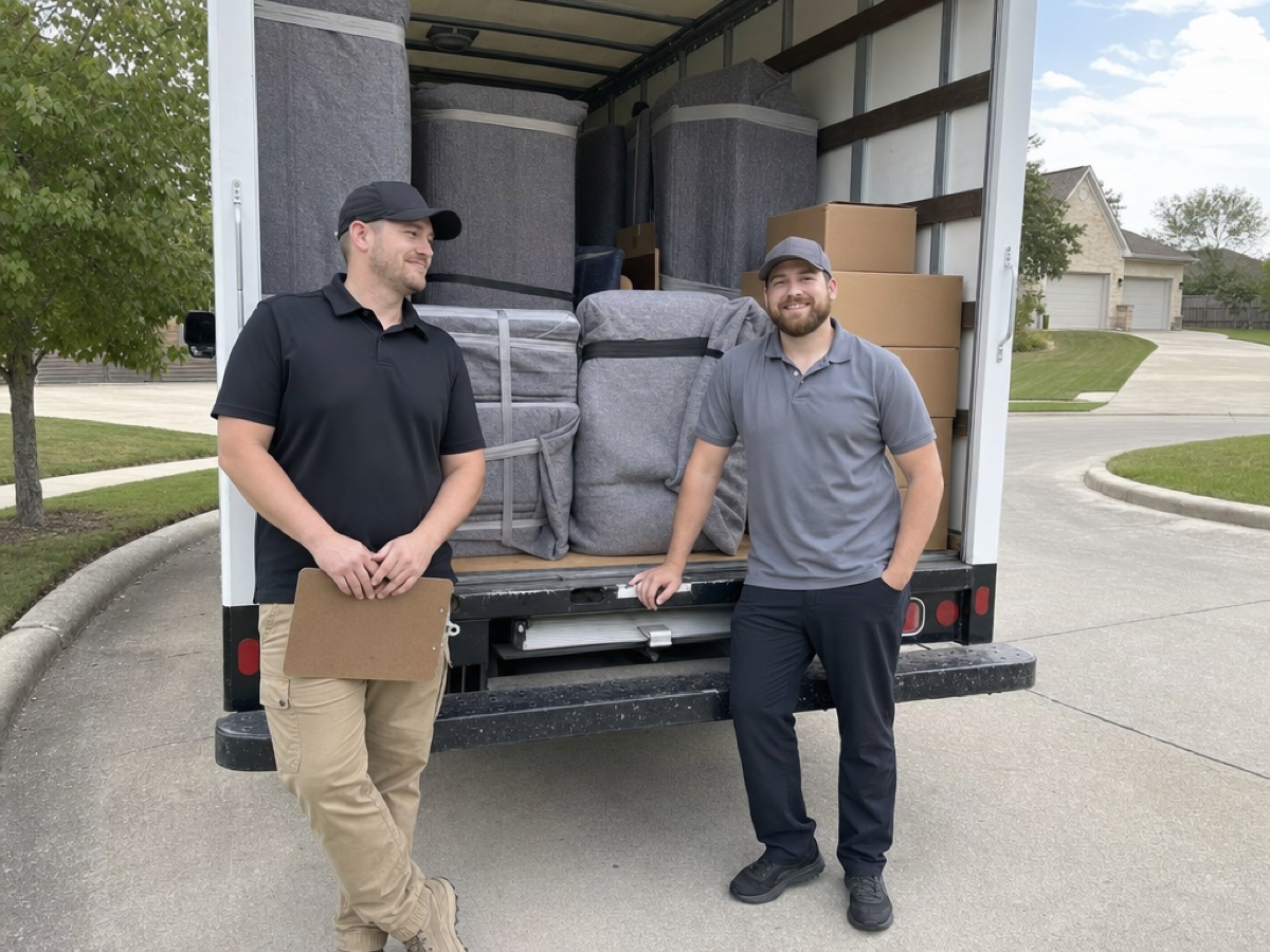 Haul-It Movers crew beside a packed box truck